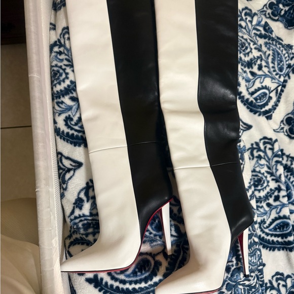 Christian Louboutin Shoes - Christian Louboutin Black and White Over-the-Knee Pointed Stiletto Boots